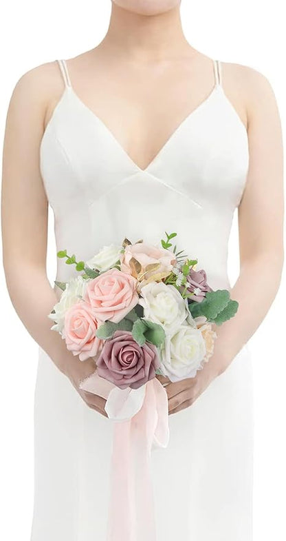 Rinlong 1Pc Dusty Pink Bridesmaids Bouquet Artificial Wedding Bouquets for Bridesmaid Silk Bouquet for Homecoming Prom