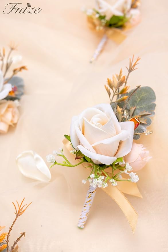 Fnize Champagne Boutonniere for Men, 6 Pcs Groom Groomsmen Boutonnieres, Artificial Flowers for Wedding Prom Homecoming