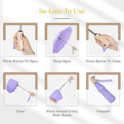 Cute Duck Umbrella Automatic - Compact Pretty Pocket Size Strong Duck Collapsible Umbrella Yellow Wooden Handle for Women