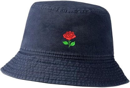 Womens Bucket Hats Rose Flower 2 Embroidered Cotton Bucket Hat Unisex Outdoor Fisherman Hat for Men