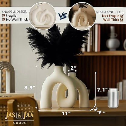 Cream White Decorative Vase Set - Modern Hug Donut Ceramic Vases by JAS & JAX GOODS, Minimalist Boho Style Centerpiece for Console Table, Living Room, Bookshelf, or Fireplace Mantel