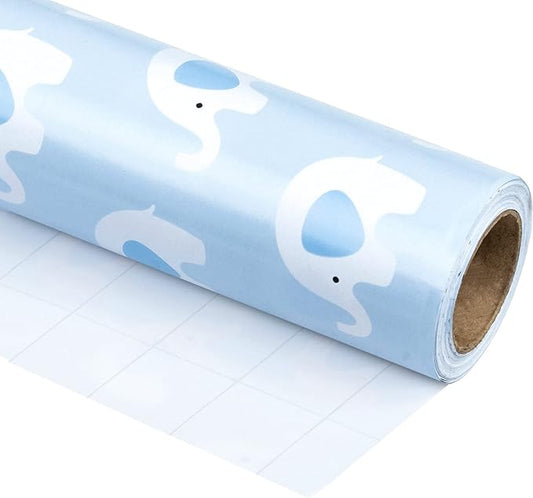 WRAPAHOLIC 30 Inch Baby Shower Wrapping Paper Roll - Cute Baby Blue Elephant Design for Baby Shower, Birthday, Holiday, Party - 30 Inch x 33 Feet