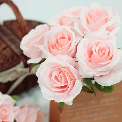 Felice Arts 12 Pack Light Pink Roses Baby Pink Artificial Flowers Silk Flowers with Stems Fake Flowers Bouquet for Wedding Centerpiece Table Vase Home Kitchen Party Valentines Decoration DIY Decor