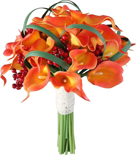 S_SSOY Wedding Bouquet Bride,Bride Bridal Bouquet Bridesmaid Artificial Flowers for Ceremony Anniversary Party Bridal Shower Decoration Wedding Bouquets (Orange Calla Lily)