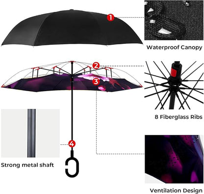 Inverted Umbrella, 49 Inch Double-Layer Vented Reverse Umbrella, Windproof Waterproof UV Protection, Lightweight C-Handle, Fiberglass Ribs, Steel Shaft, Travel/Commute/Car Use, With Sleeve