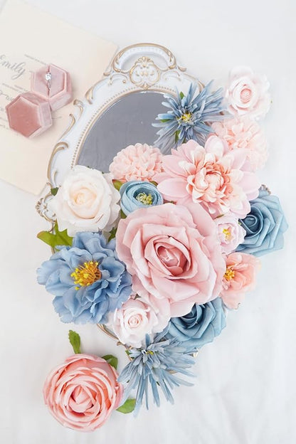 Artificial Flower Combination Box Set Artificial Flower Loose Leaves and Stems DIY Wedding Center Bouquet Bride Wedding Baby Shower（Nostalgia Blue Powder）