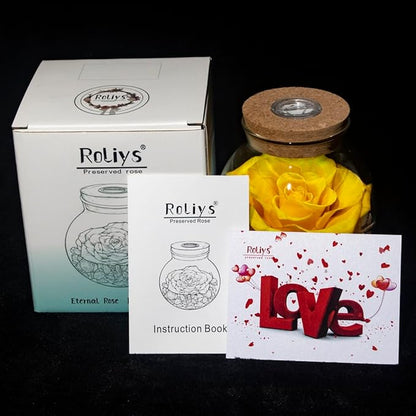 Preserved Real Roses with Colorful Mood Light Wishing Bottle,Eternal Rose，Never Withered Flowers, a Gifts for Women 4.3inch 1pcs (Yellow)