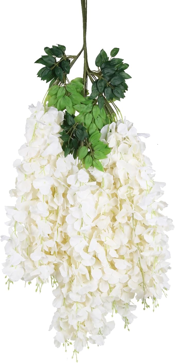 12Pack Wisteria Hanging Artificial Flowers 3.6ft Wisteria Silk Flowers Garland Fake Bushy Vine Faux Ratta String for Wedding Arch Party Garden Greenery Home Wall Backdrop Decor (Milk White)