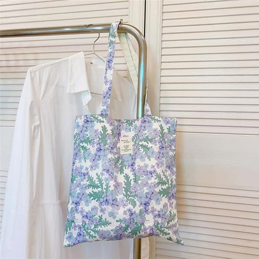 Cotton Canvas Tote Bag Reusable Soft Grocery Cloth Bag Floral Shoulder Bag for Beach Travel Shopping