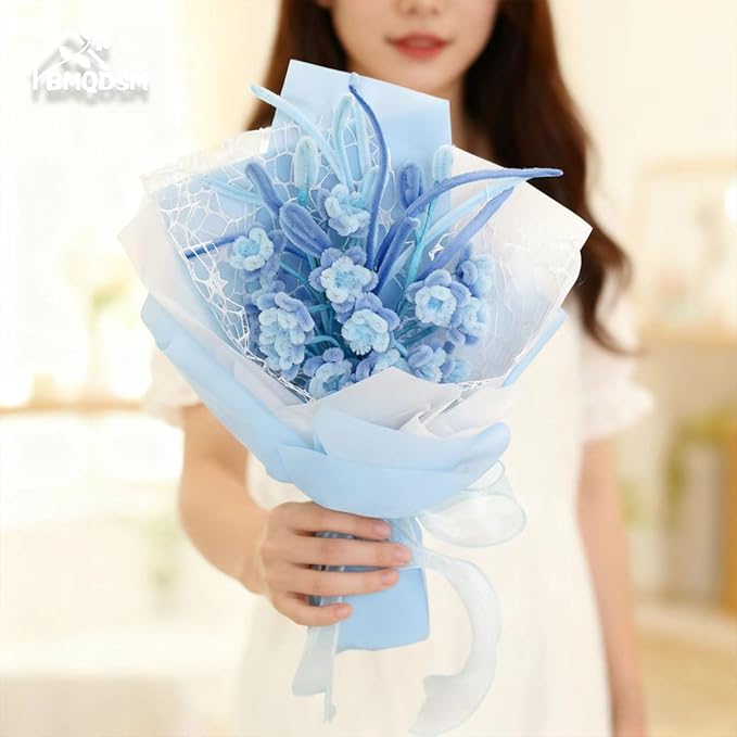 Crochet Flowers Bouquet Gifts for Women Birthday,Gifts for Mom,Preserved Rose Forever Flower,Real Handmade Bouquet for Grandma Sister Wife Her from Daughter (Blue)