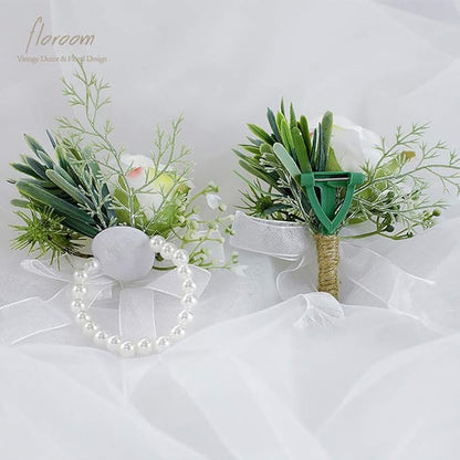 Floroom 3pairs Ivory Rose Wrist Corsage Wristlet Band Bracelet and Men Boutonniere Set for White Wedding Prom