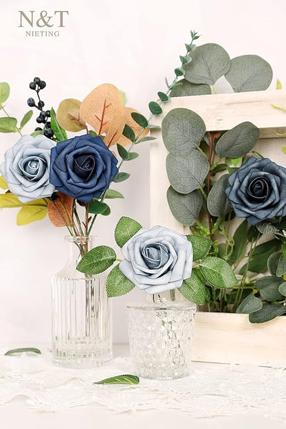 N&T NIETING Fake Roses,25pcs Artificial Flowers Dusty Blue Fake Roses Faux Flowers Fake Flowers for DIY Wedding Bouquets Centerpieces Floral Arrangements Home Decorations Shades of Navy Blue
