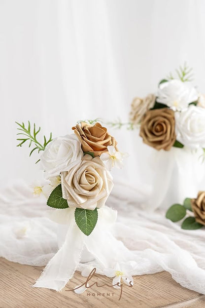 Ling's moment Artificial Flowers 25Pcs Gold Roses Decor w/Stems,3" Real Touch DIY Foam Floral for Wedding Bouquet/Centerpieces, Outdoors Party Backdrop, Room/Table, and Garden/Pot Decorations