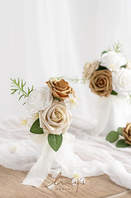 Ling's moment Artificial Flowers 25Pcs Gold Roses Decor w/Stems,3" Real Touch DIY Foam Floral for Wedding Bouquet/Centerpieces, Outdoors Party Backdrop, Room/Table, and Garden/Pot Decorations