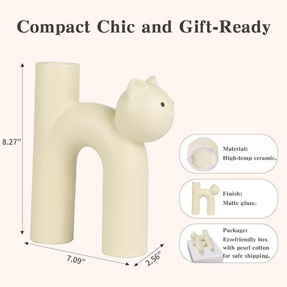 Cat Lover Gift – Minimalist Animal Vase for Dried Flowers, Pampas Grass – Calm Shelf Decor for Women, Cat Moms, Girlfriend, or Neutral Rooms