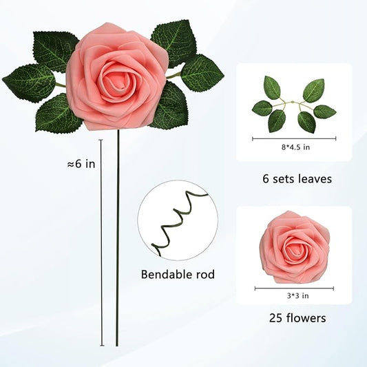 JOYLEX Artificial Flowers Realistic Roses, 25pcs Pink Real Looking Fake Roses with Stem for DIY Wedding Bouquets Centerpieces Bridal Shower Party Home Romantic Decorations (25pcs, Pink)
