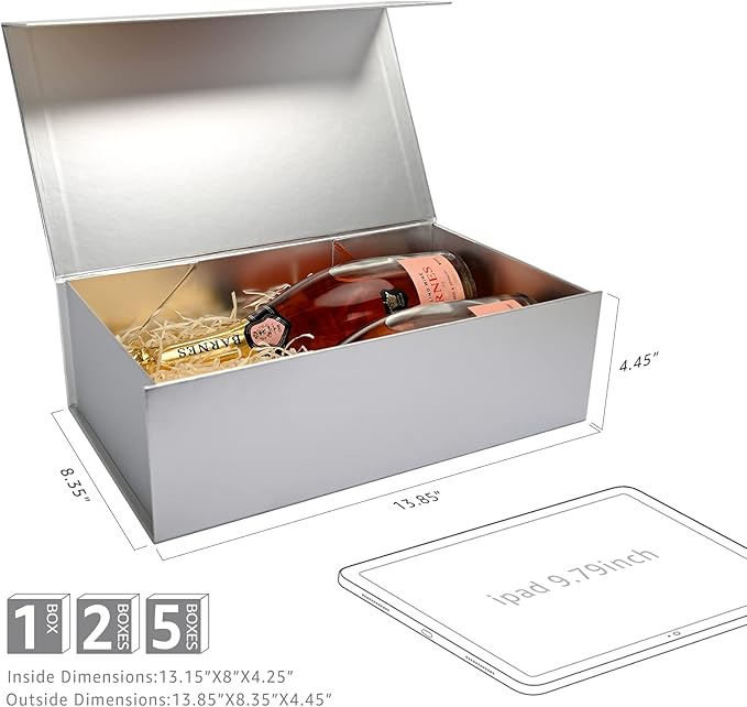 LIFELUM Large Gift Boxes with Lids, 2 Pack 13.8 x 8.3 x 4.4 inch Silver Gift Boxes with Ribbon, Card, Shredded Paper Filler for Presents, Graduation, Christmas, Birthdays