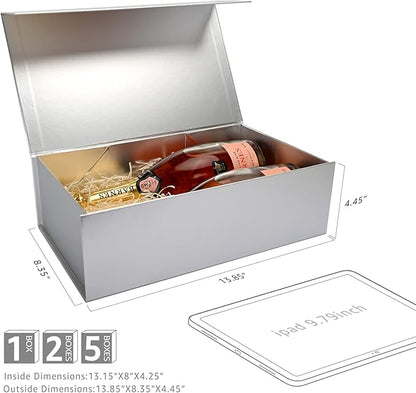 LIFELUM Large Gift Boxes with Lids, 2 Pack 13.8 x 8.3 x 4.4 inch Silver Gift Boxes with Ribbon, Card, Shredded Paper Filler for Presents, Graduation, Christmas, Birthdays