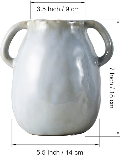 Gray Ceramic Vase with 2 Handles, Modern Farmhouse Decor, Rustic Terracotta Pottery, Decorative Flower Vases, Clay Small Vase, Centerpiece for Dining Table - 7 Inch Tall