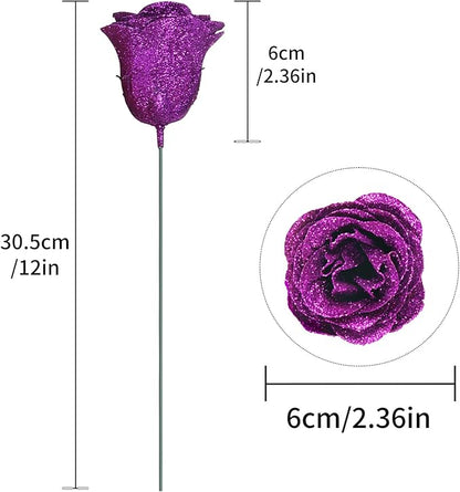 Glitter Roses Bouquet,30PCS Fake Purple Roses Glitter Flowers for Crafts Wedding Bouquet Party Christmas Home Decor(Dark Purple)
