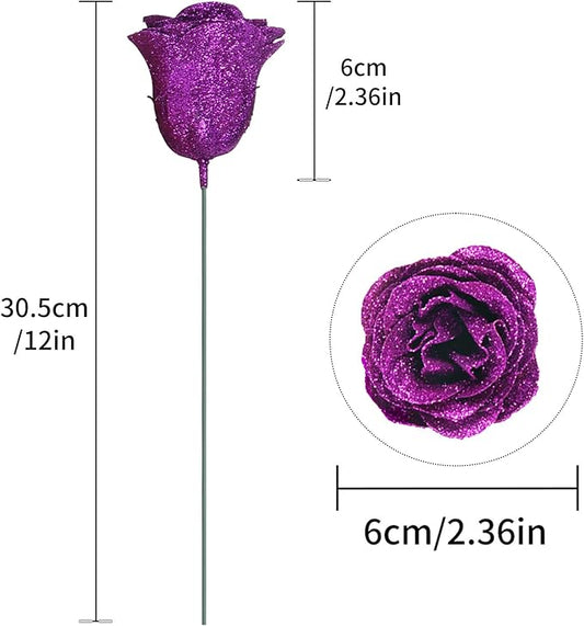 Glitter Roses Bouquet,30PCS Fake Purple Roses Glitter Flowers for Crafts Wedding Bouquet Party Christmas Home Decor(Dark Purple)