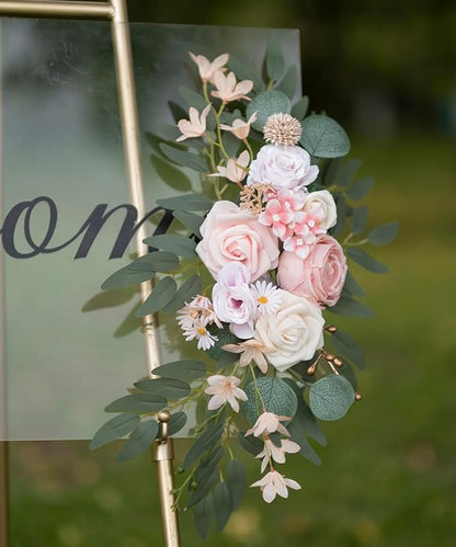 Artificial Flower Swag Wedding Arch Flowers Set of 2 Rose Flower Swag Arrangements for Wedding Party Welcome Ceremony Sign and Reception Backdrop Floral Decoration (Pink)