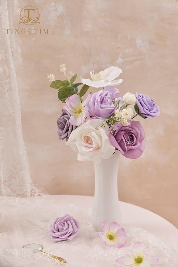 TINGE TIME Artificial Flowers White & Paisley Purple Flower Combo for DIY Wedding Bouquets Table Centerpieces Arrangements Party Baby Shower Home Decorations