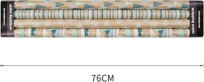 RUSPEPA Christmas Wrapping Paper, Kraft Paper - Reindeer, Stripe and Snowflakes in Blue Design - 4 Rolls - 30 inches x 10 feet per Roll