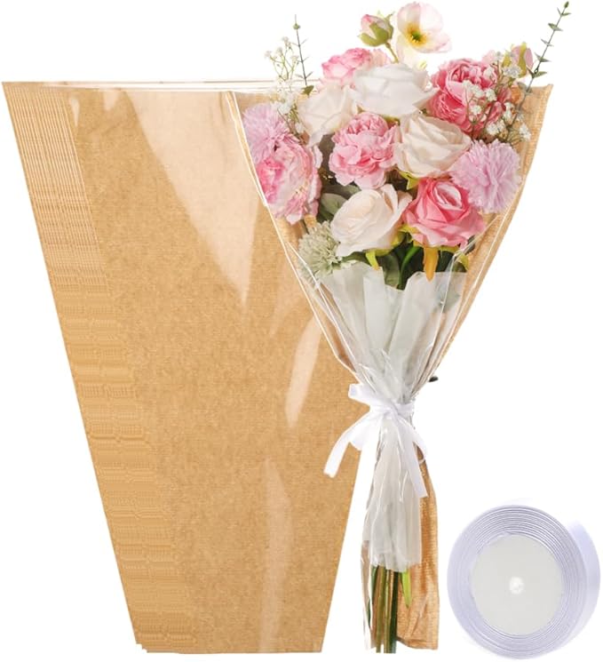 HSONAIGEE 50 Pieces Flower Bouquet Wrapping Paper, 22 x 14.2 Inch Extra Large Flower Bags for Bouquets Kraft Floral Wrap Sleeves with Ribbons for Home Mother’s Day Wedding Flower Bar Supplies