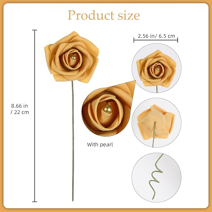 Foam Roses with Pearls 2.56in 50PCS Gold Roses Artificial Flowers Bulk Foam Flowers with Stem for Wedding, Bridal Shower, Cake, Graduation and Home Decor(Gold)
