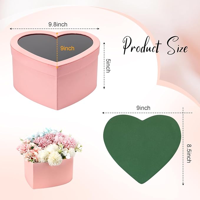 Nuenen Heart Shaped Flower Gift Boxes, Floral Gift Box with Lids Floral Foam Clear Cellophane 9.8 x 9 x 5 Inches for Birthday Wedding Proposal Packaging Arrangements(Pink)