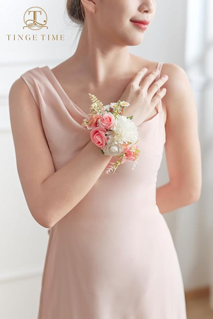 TINGE TIME Set of 2 Peach Pink Wrist Corsage Bracelets Pearl Wristlet Band Bridesmaid Bracelet for Wedding Ceremony Bridal Shower Wedding Artificial Flower Prom (Peach Pink)