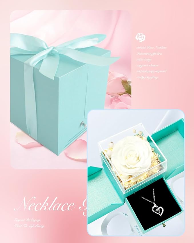 Birthday Gifts for Women, Preserved Real Roses with Heart Necklace I Love You in 100 Languages, Romantic Anniversary Wedding Gifts for Women Her Girlfriend Wife, Forever Roses Necklace Gift Box White