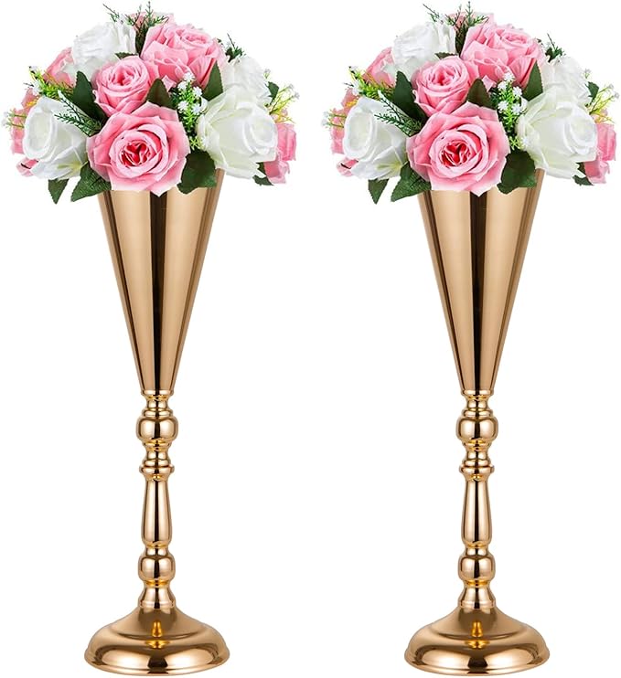 Set of 2 Tabletop Metal Wedding Flower Trumpet Vase Wedding Centerpiece Flower Vase for Wedding Event Decoration Living Decor Party Decor (Gold, 2×L)