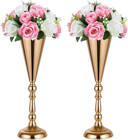 Set of 2 Tabletop Metal Wedding Flower Trumpet Vase Wedding Centerpiece Flower Vase for Wedding Event Decoration Living Decor Party Decor (Gold, 2×L)