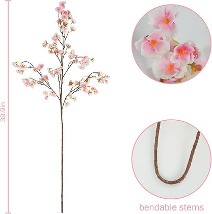 12 Pcs Artificial Cherry Blossom Flowers 40" Faux Silk Cherry Blossom Stems Fake Real Touch Peach Branches for Wedding Home Garden Japanese Decor White Pink