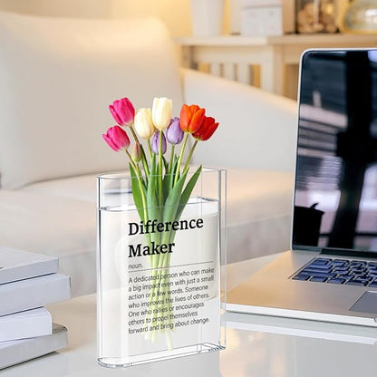 Difference Maker Bosses Day Gifts for Women Men Funny Office Decor for Women Wooden Acrylic Book Flower Vase National Boss Day Decorations Gifts for Leader HR Men Manager Office Bookshelf Desk Decor