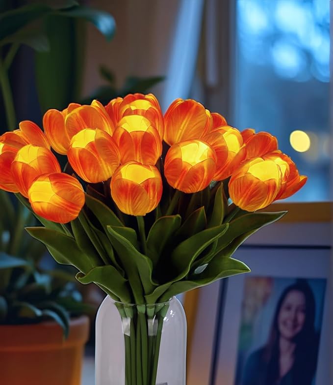 LED Lighted Artificial Tulip Lamp, Real Touch Tulip Flowers, 15 Inch Faux Tulip Bouquet with Battery Operated Lights for Gifts, Home Kitchedn Wedding Decor (Orange)