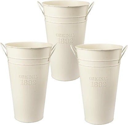 3 PCS 12 Inch Rustic Galvanized Flower Vases, Farmhouse French Buckets for Beautiful Floral Arrangements, Home Decor or Weddings and Events