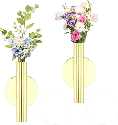 2 Pack Gold Circular Wall Vases for Flowers, Metal Hanging Wall Planters for Modern Home Decor, Hanging Flower Vase Holder for Faux & Dried Flowers, Wall Planters for Living Room & Bedroom Decor