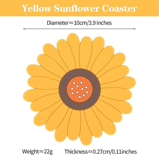 Flower Coasters Set of 6,Anti-Slip Heat-Insulating&Tabletop Protection,Home&Kitchen Coasters for Drinks,Easy to Clean,Beautiful Gift(Yellow Sunflower,3.9inches)