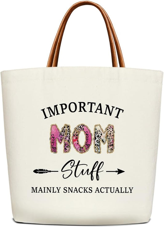 Canvas Tote Bag for Women, Important Stuff Bag with Leather Handle, Reusable Grocery Bags for Shopping Beach Travel