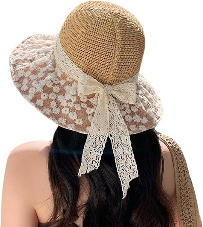 Women's Sun Shade Hat UPF 50+ - Foldable Straw Beach Cap with Lace Bow, Breathable Summer Travel Hat for Women