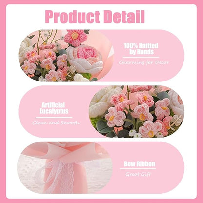 Handmade Crochet Rose Flower Bouquet: Artificial Knitted Rose Gift for Wife Mother Girlfriend for Festival Wedding Graduation Anniversary (Pink)