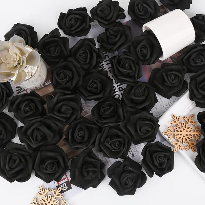 Artificial Rose Flower Heads, 100pcs Black Fake Roses Artificial Flower Foam Rose Heads for DIY Wedding Bouquets Centerpieces Arrangements Party Baby Shower Home Decor (Stemless, Black)