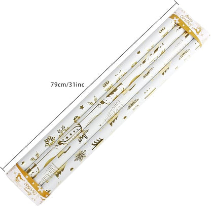 KIMOBER 4 Rolls Christmas Wrapping Paper,White Paper with Golden Metallic foil Shine Xmas Elements and Cut Lines on Reverse(30in × 144in Per Roll)