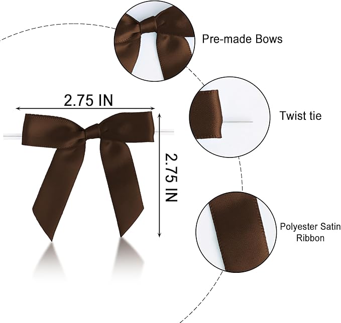 50 PCS Brown Twist Tie Bows 2.5" Satin Ribbon Bows Decor for Gift Wrapping Craft Treat Bags Cake Pop Basket, Wedding Baby Shower Birthday Party Favors