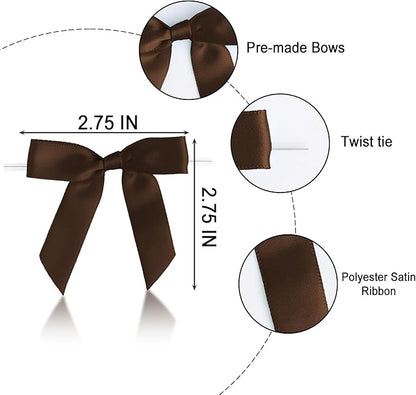 50 PCS Brown Twist Tie Bows 2.5" Satin Ribbon Bows Decor for Gift Wrapping Craft Treat Bags Cake Pop Basket, Wedding Baby Shower Birthday Party Favors