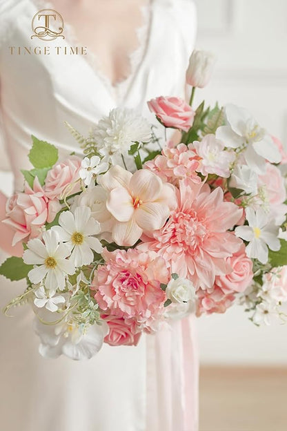 TINGE TIME 11 Inch Wedding Bouquets for Bride, PeachPink&White Artificial Flowers Bouquet, Brides & Bridesmaids Bouquet for Wedding Anniversary Ceremony Bridal Shower Decorations