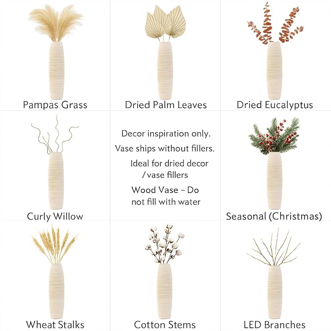 Leewadee Large White Home Decor Floor Vase - Wooden 34 inch Tall Farmhouse Decor Flower Holder for Fake Plant and Pampas Grass